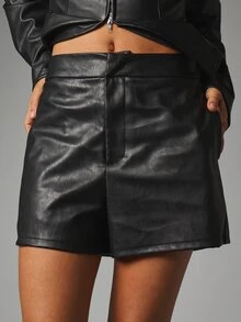 MISSGUIDED Setelan Kulit Sintetis Dua Potong, Jaket Berkerah dengan Resleting dan Celana Pendek Mini Berpinggang Tinggi, Pakaian Pesta Musim Gugur dan Musim Dingin - Hitam - View 2