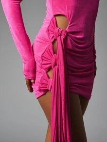 MISSGUIDED Velvet Bodycon Mini Dress With Long Sleeves Cut-Out Waist Tie Detail And Ruched Skirt Perfect For Party Season Night Out - Hot Pink - View 4