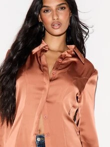 KIZN Kemeja Berkerah Kancing Depan dengan Manset Lebar, Potongan Slim Fit, Bahan Satin, Cocok untuk Pesta Liburan, Acara Malam Hari - Rust Brown - View 5