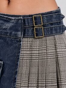 Zerodot Women Mid Blue Wash With Plaid Pleated Side Panel & Buckle Detail Mini Denim Skirt Casual Daily Spring Fall Wardrobe Staples - Blue - View 6