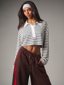 MISSGUIDED Cropped Polo Collar Long Sleeve Striped Top With Button Placket And Midriff Hem Perfect For Spring Summer Casual Looks - Multicolor - View 6