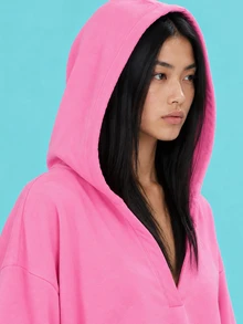 Zerodot Women Pink V-Neck Cropped Hoodie Casual Vacation Fall Pre Fall - Pink - View 6