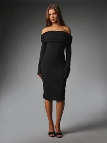MISSGUIDED Cold Shoulder Long Sleeve Bodycon Midi Dress With Open Back Cut-Out Detail In Ribbed Knit Fabric Perfect For Evening And Party Occasions - Black - View 5
