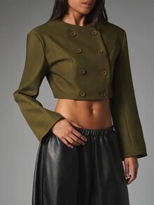 MISSGUIDED Cropped Double-Breasted Blazer Jacket With Collarless Neckline Bell Sleeves Structured Shoulders Autumn Winter Tailored Style - Army Green - View 4