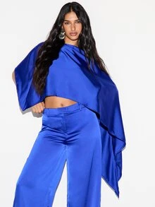 KIZN Satin Cape Crop Blouse With Batwing Draped Sleeves And Crew Neckline Elegant Party Evening Summer Festival Top - Blue - View 1