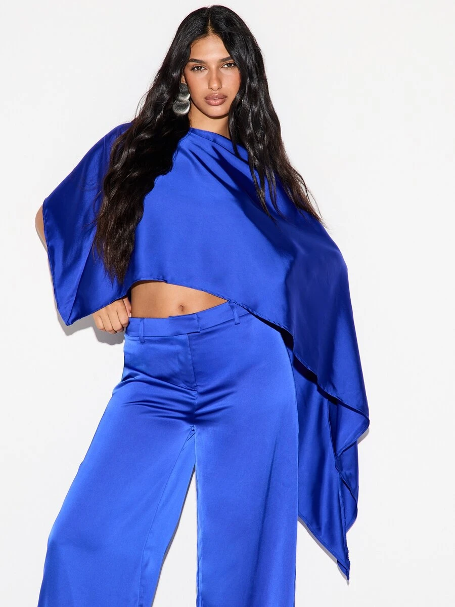 KIZN Satin Cape Crop Blouse With Batwing Draped Sleeves And Crew Neckline Elegant Party Evening Summer Festival Top - Blue - View 1