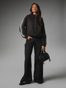MISSGUIDED Oversized Full-Zip Bomber Jacket With White Contrast Stripe Sleeves Stand Collar Ribbed Cuffs Fall Winter Casual Outerwear - Black - View 3