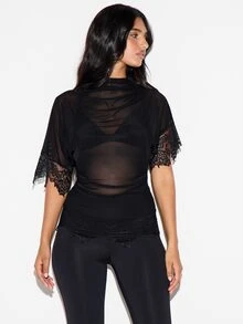 KIZN Sheer Mesh High Neck Batwing Short Sleeve Top With Floral Lace Trim Cuffs And Hem Detail - Black - View 4