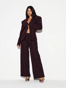 KIZN Wide Leg Knit Dress Pants In Burgundy Marl Texture Full Length Pull-On Trousers For Fall Winter Office And Evening Occasions - Coffee Brown - View 5