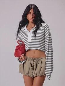 MISSGUIDED Cropped Polo Collar Long Sleeve Striped Top With Button Placket And Midriff Hem Perfect For Spring Summer Casual Looks - Multicolor - View 2