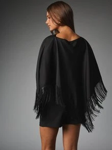 MISSGUIDED Fringe Trim Batwing Sleeve Cape Blouse Boat Neck Oversized Tunic Top Holiday Party Evening Occasion Statement Piece - Black - View 2