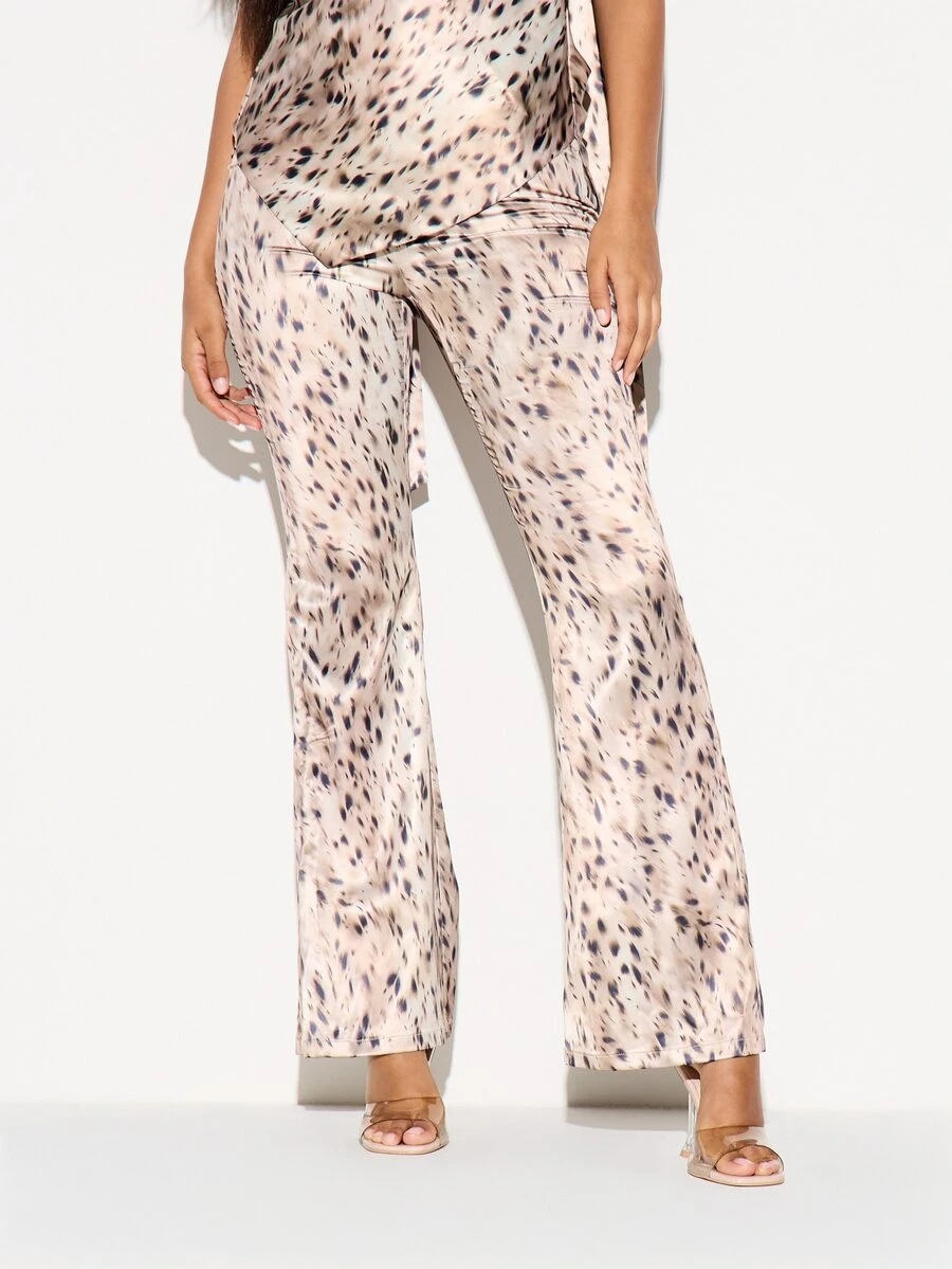 KIZN Satin Flared Trousers With Abstract Animal Spot Print Full Length Flared Leg Mid Rise Dress Pants For Evening Party Holiday - Multicolor - View 1