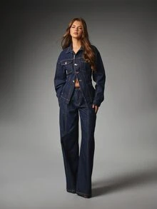 MISSGUIDED Raw Indigo Denim Jacket With Gold Button Detail Contrast Stitching Chest Pockets And Back Belt For Autumn Winter Party - Blue - View 4