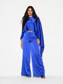 KIZN Satin Cape Crop Blouse With Batwing Draped Sleeves And Crew Neckline Elegant Party Evening Summer Festival Top - Blue - View 3