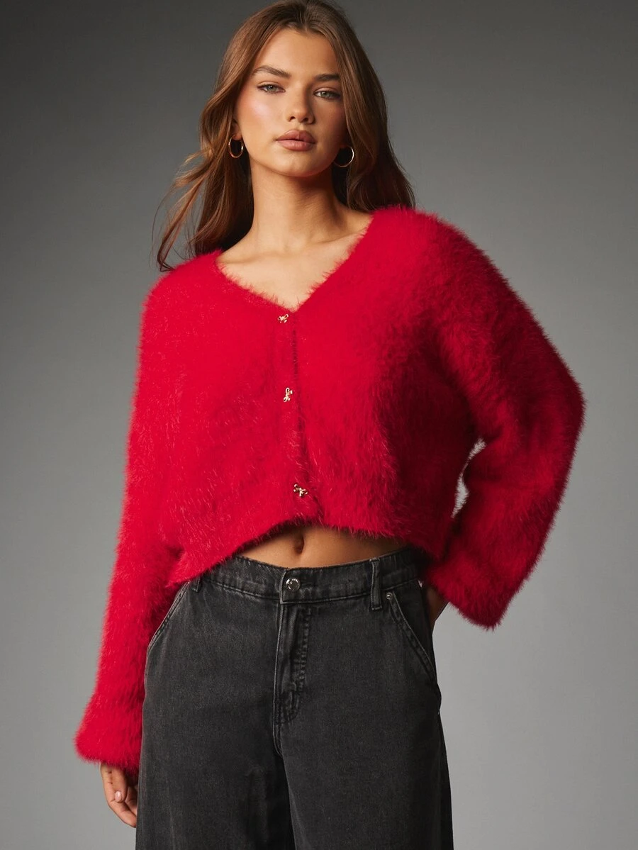 MISSGUIDED Fluffy Eyelash Knit Cropped Cardigan With Gold Bow Buttons V-Neck Long Sleeve Cozy Winter Holiday Festive Sweater - Red - View 1