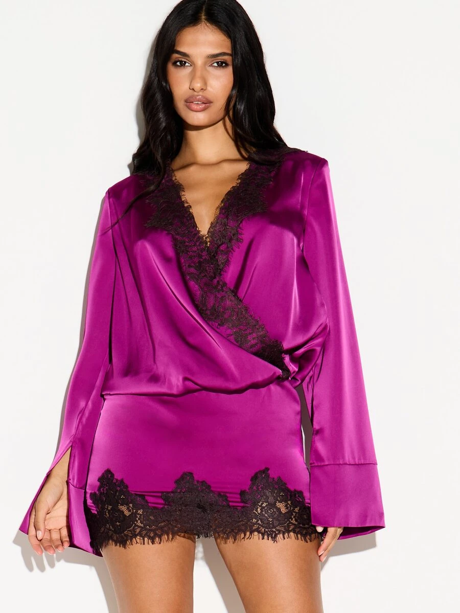 KIZN Satin Wrap Mini Dress With Deep Plunge V-Neck Long Bell Sleeves And Contrast Black Lace Trim Detail Evening Party - Purple - View 1