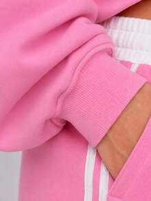 Zerodot Women Pink V-Neck Cropped Hoodie Casual Vacation Fall Pre Fall - Pink - View 5