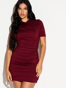 KIZN Ruched Bodycon Mini Dress With Cowl Neck Short Sleeve Stretch Knit Figure Hugging Silhouette Party Night Out Holiday Season - Burgundy - View 5
