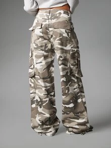 MISSGUIDED Wide Leg Camouflage Cargo Pants With Drawstring Waist Low Rise Full Length Utility Pockets Flared Hem Summer Festival Streetwear - Multicolor - View 2