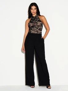 KIZN Floral Lace Halter Neck Bodysuit With Open Back Design Sheer See Through Body Suit Party Night Out - Black - View 4