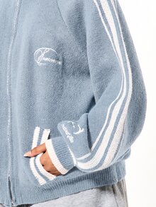 SUMWON WOMEN Oversized Zip Up Knit Cardigan Jacket With Varsity Side Stripes Mock Neck Ribbed Hem And Logo Embroidery Fall Winter Layering - Baby Blue - View 4