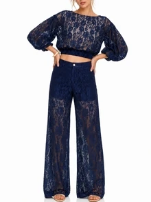 Zerodot Women Navy Blue Floral Lace High Waist Sheer Straight Fit Pants Going Out Spring Fall Pre Fall - Royal Blue - View 3