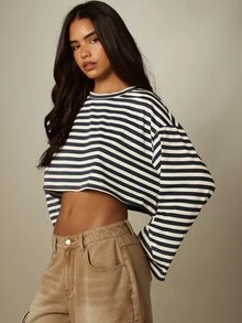 MISSGUIDED Striped Crop Long Sleeve Top Oversized Boxy Fit Crew Neck Midriff Bare Spring Summer Casual Everyday Top - Blue and White - View 4