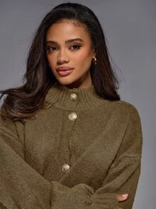 MISSGUIDED Oversized Mock Neck Cardigan With Gold Button Front Closure And Patch Pockets Cozy Knit Sweater For Fall Winter - Khaki - View 3