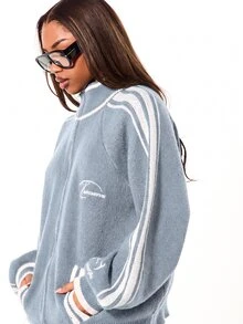 SUMWON WOMEN Oversized Zip Up Knit Cardigan Jacket With Varsity Side Stripes Mock Neck Ribbed Hem And Logo Embroidery Fall Winter Layering - Baby Blue - View 6