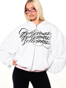 SUMWON WOMEN Boxy Fit Oversized Zip-Up Hoodie With Cursive Script ...