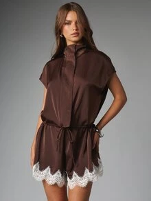 MISSGUIDED Satin Romper With Lace Trim Hem Cap Sleeve Collared Neck Drawstring Waist One-Piece Short Jumpsuit Fall Winter - Brown - View 6