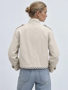 Zerodot Women Ivory Double-Breasted Lace Trim Hem Cropped Trench Jacket Office Casual Fall Winter Pre Fall - Apricot - View 2