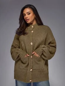 MISSGUIDED Oversized Mock Neck Cardigan With Gold Button Front Closure And Patch Pockets Cozy Knit Sweater For Fall Winter - Khaki - View 5
