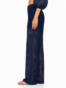 Zerodot Women Navy Blue Floral Lace High Waist Sheer Straight Fit Pants Going Out Spring Fall Pre Fall - Royal Blue - View 4