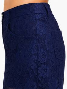 Zerodot Women Navy Blue Floral Lace High Waist Sheer Straight Fit Pants Going Out Spring Fall Pre Fall - Royal Blue - View 7