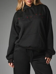 Missguided x Playboy Oversized Hoodie With Embroidered Logo Front And Bunny Graphic Back Long Sleeve Centre Pocket Pullover Sweatshirt Halloween - Black - View 5