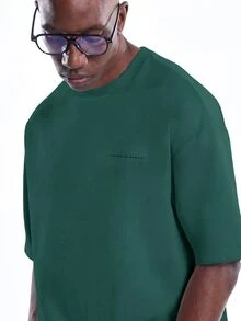 SUMWON Regular Oversized Crew Neck Drop Shoulder T-Shirt With Micro Logo Print Relaxed Boxy Fit Casual Essential Tee - Green - View 3