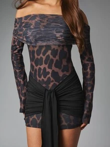 MISSGUIDED Leopard Print Mesh Off-Shoulder Mini Dress Long Sleeve Bodycon Sheer See-Through Party Night Out Festival - Multicolor - View 6