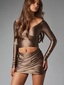 MISSGUIDED Satin Ruched Wrap Mini Skirt With Crossover Draped Hem Detail Party Night Out Holiday Summer Festival - Coffee Brown - View 4