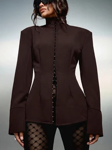KIZN Structured Blazer Jacket With High Neck Hook And Eye Front Closure Sharp Shoulder Peplum Hem Fitted Silhouette Fall Winter - Brown - View 4