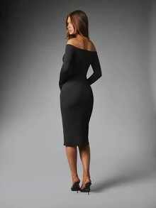 MISSGUIDED Đầm midi ôm sát trễ vai tay dài với chi tiết khoét lỗ keyhole và cổ tay lỗ xỏ ngón cái, hoàn hảo cho tiệc tối - màu đen - Xem 2