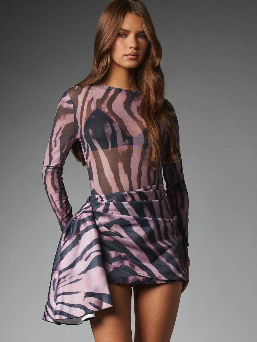 MISSGUIDED Chân váy mini satin họa tiết vằn ngựa vằn, cạp cao dáng chữ A, gấu nhún xếp ly bất đối xứng, phong cách tiệc tùng đi chơi, lễ hội mùa hè - Nhiều màu - Xem 1
