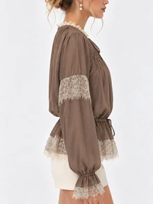Zerodot Women Brown Taupe Cottagecore Lace Trim With Ruffle Hem Blouse Office Casual Spring Fall Pre Fall - Coffee Brown - View 3