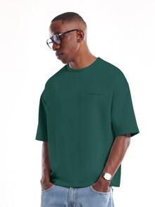 SUMWON Regular Oversized Crew Neck Drop Shoulder T-Shirt With Micro Logo Print Relaxed Boxy Fit Casual Essential Tee - Green - View 5