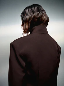 KIZN Structured Blazer Jacket With High Neck Hook And Eye Front Closure Sharp Shoulder Peplum Hem Fitted Silhouette Fall Winter - Brown - View 2