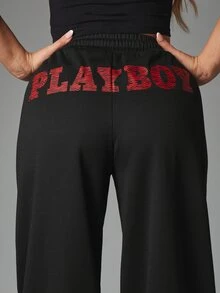 Missguided x Playboy Wide Leg Sweatpants With Zebra Print Logo On Back Waistband And Bunny Graphic On Thigh Halloween - Black - View 2