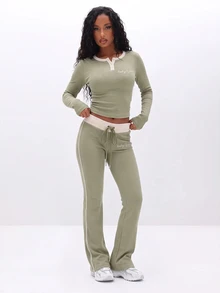 BABYPHAT Women's Casual Striped Colorblock Drawstring Waist Leggings - Army Green - View 4