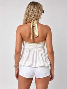 Zerodot Women White Ruched With Contrast Gold Trim & Gathered Hem Babydoll Tank Top Casual Daily Summer - White - View 2