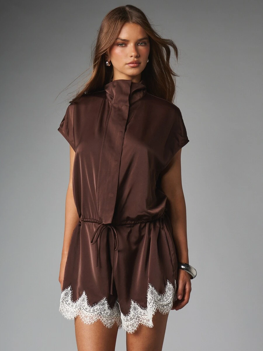 MISSGUIDED Satin Romper With Lace Trim Hem Cap Sleeve Collared Neck Drawstring Waist One-Piece Short Jumpsuit Fall Winter - Brown - View 1