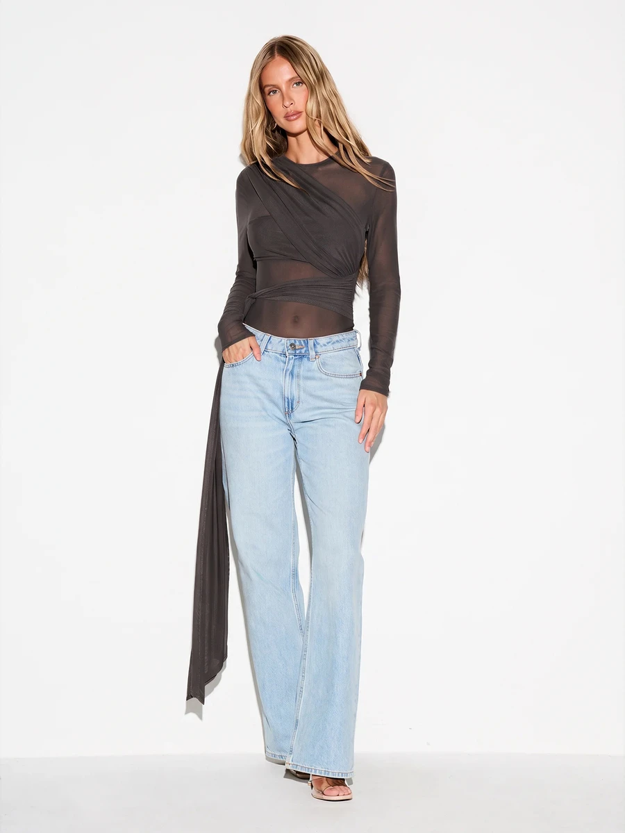 KIZN Sheer Mesh Long Sleeve Wrap Top With Draped Tie Detail And Ruched Waist Night Out Party Top - Dark Grey - View 1